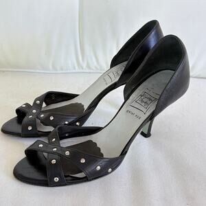 Cynthia Rowley Peep Toe Stud Heels 7.5 Black Leather Glam Academia Prep 90s Y2k